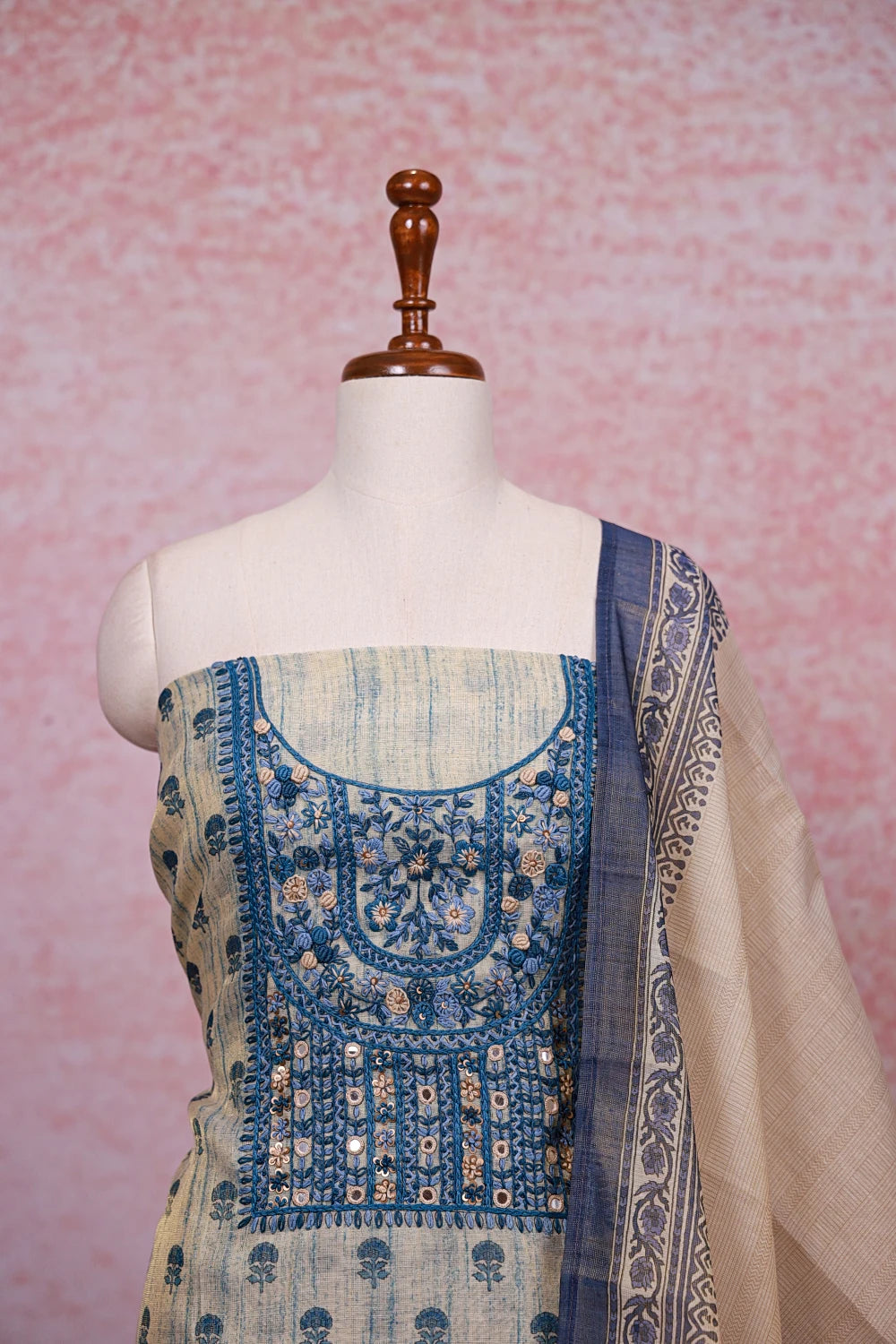 Cream Tissue Silk Thread Work Unstitched Churidhar Material - Seematti