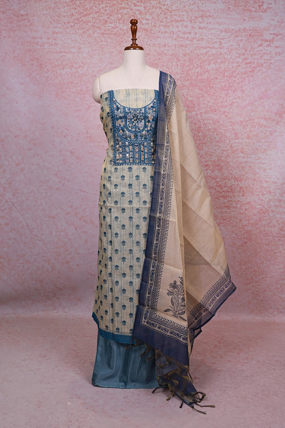 Cream Tissue Silk Thread Work Unstitched Churidhar Material - Seematti
