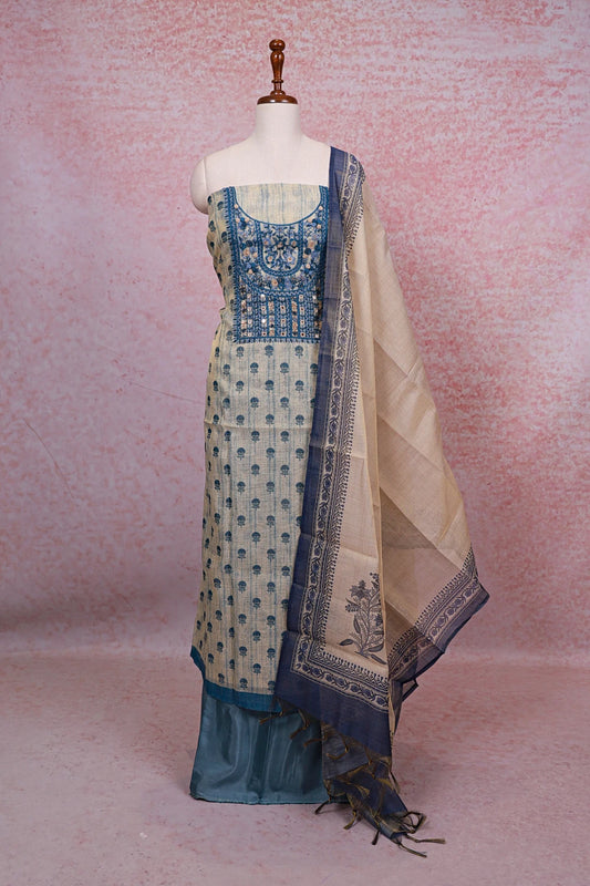 Cream Tissue Silk Thread Work Unstitched Churidhar Material - Seematti