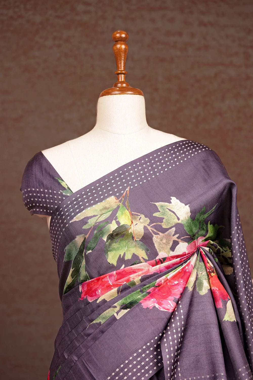 Dark Ash Semi Tussar Printed Saree With Thread Border - Seematti