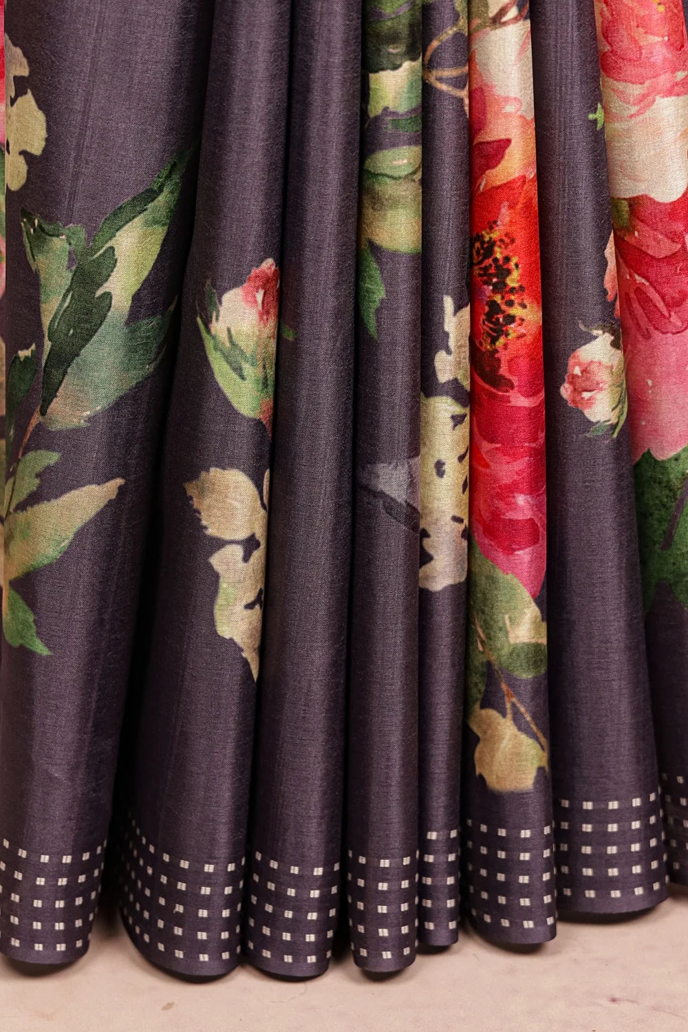Dark Ash Semi Tussar Printed Saree With Thread Border - Seematti