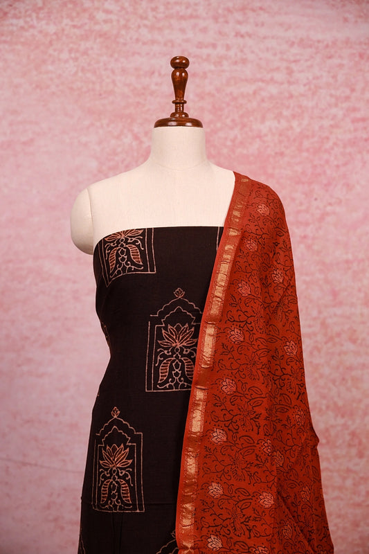 Dark Brown Cotton Printed Unstitched Churidhar Material