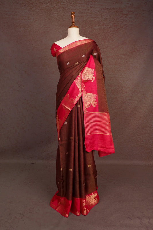 Dark Brown Semi Banarasi Saree