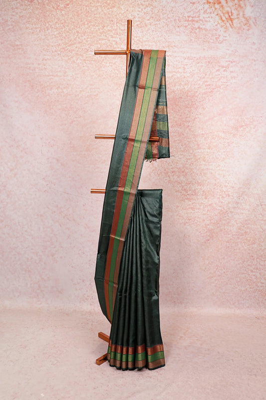 Dark Green Tussar Silk Saree - Seematti