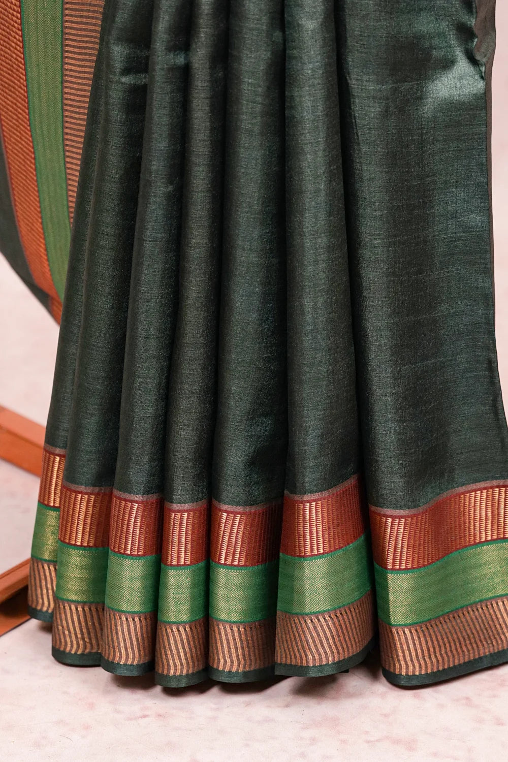 Dark Green Tussar Silk Saree - Seematti