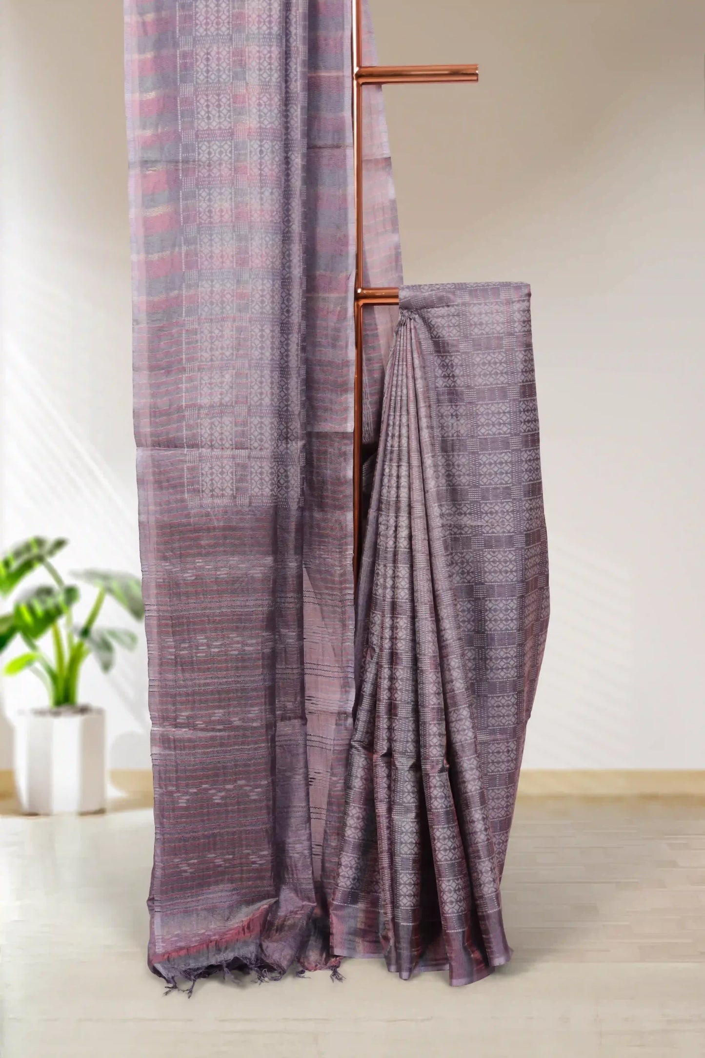 Dark Grey Tussar Silk Saree