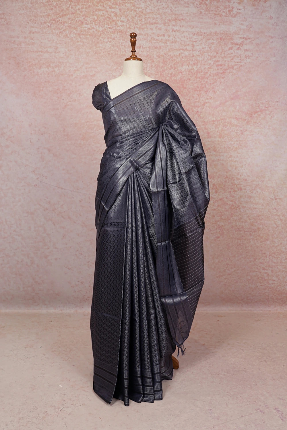 Dark Grey Tussar Silk Saree