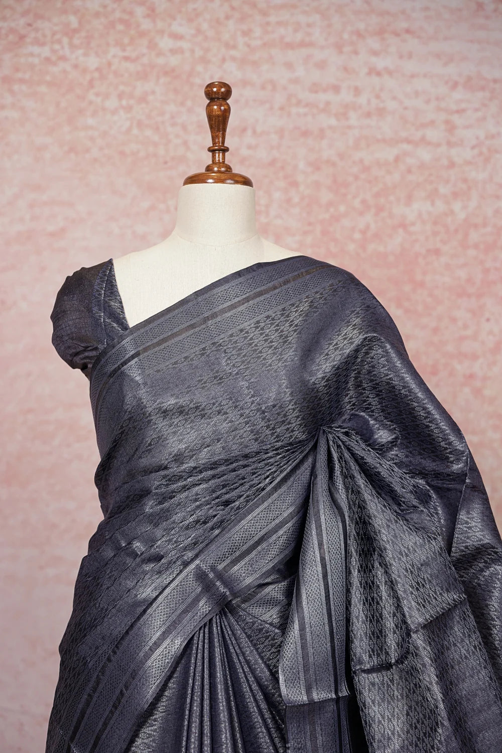 Dark Grey Tussar Silk Saree