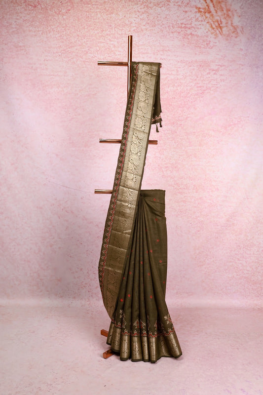 Dark Olive Green Semi Linen Saree