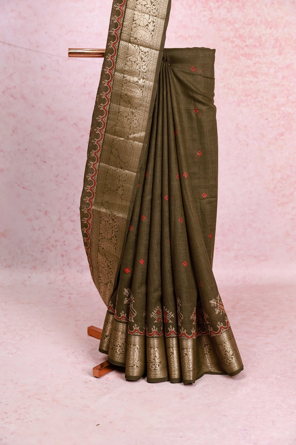 Dark Olive Green Semi Linen Saree