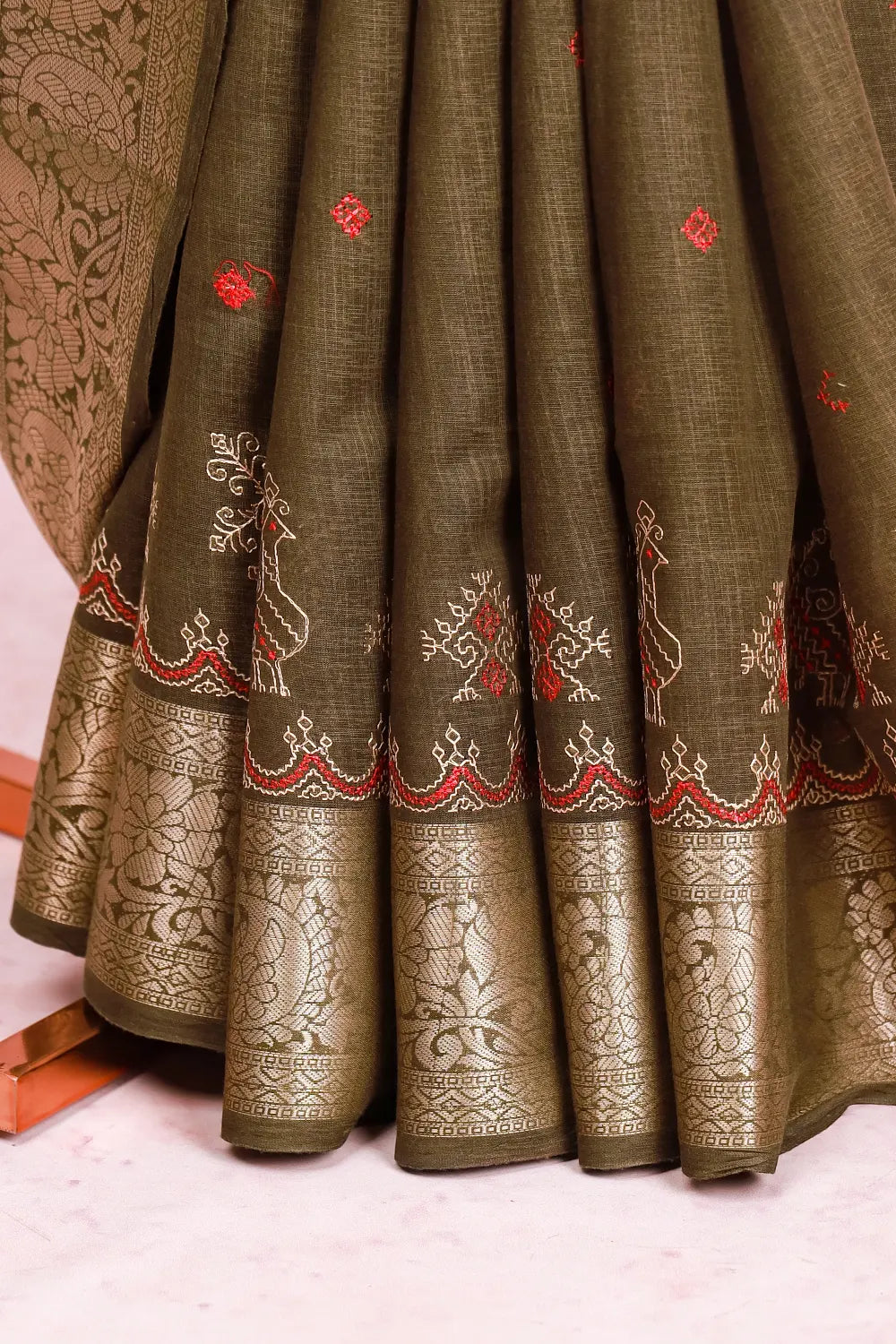 Dark Olive Green Semi Linen Saree