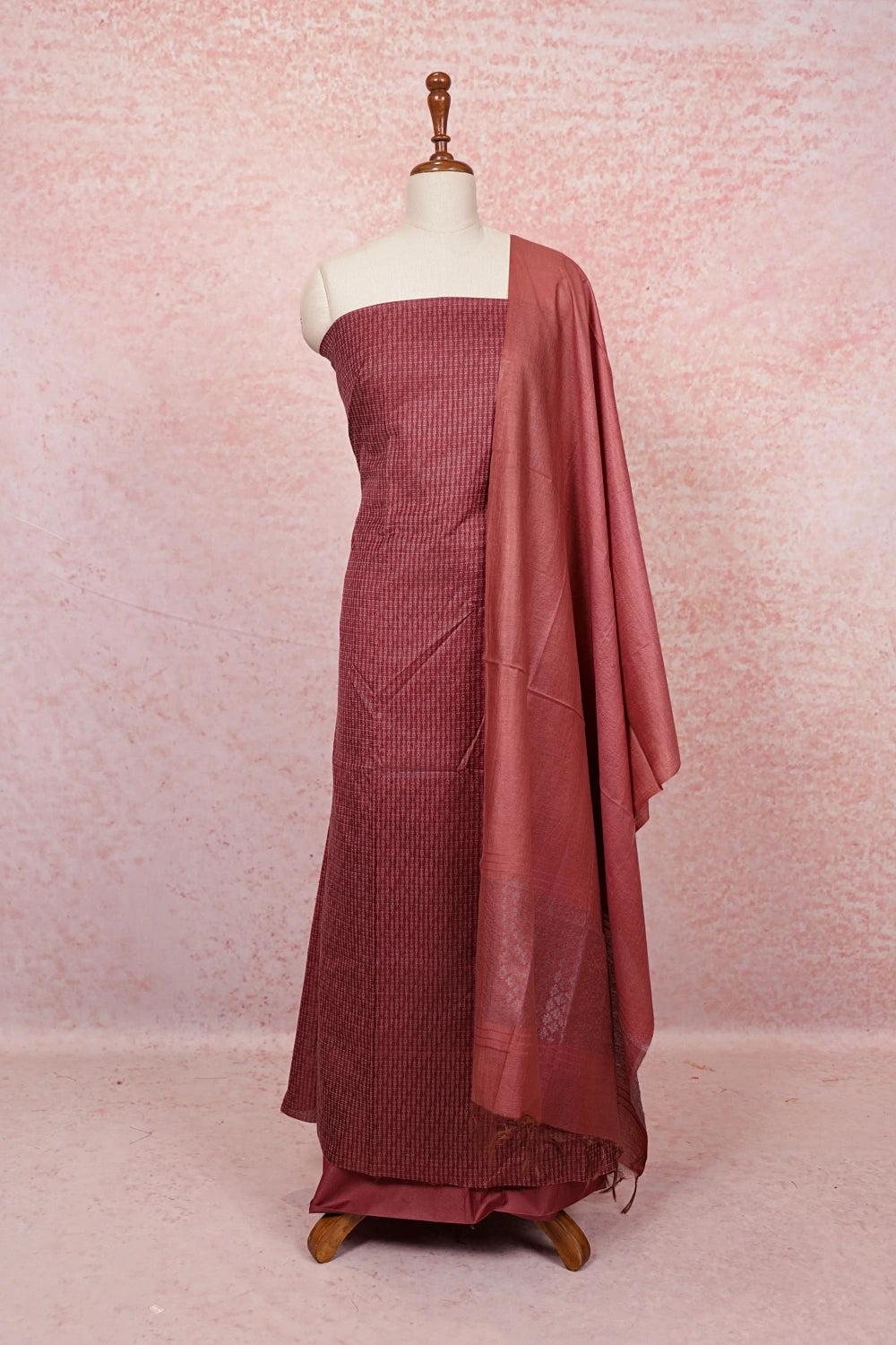 Dark Onion Pink Tussar Thread Work Unstitched Churidhar Material