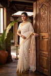 Off White Cotton Kerala Saree with golden dots - Seematti