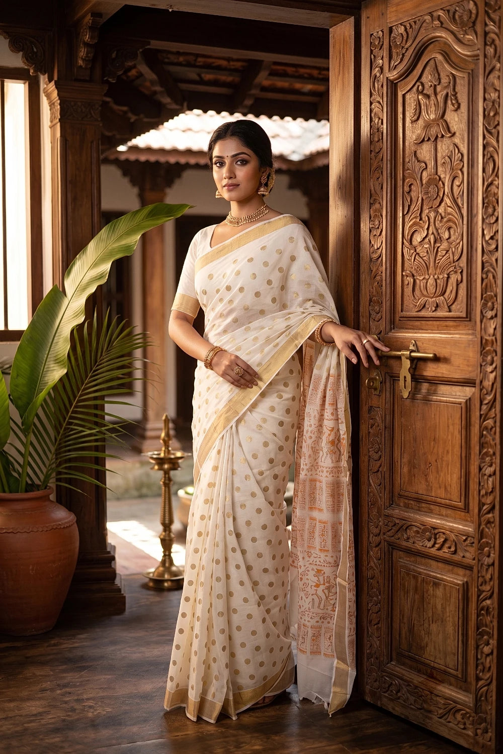 Off White Cotton Kerala Saree with golden dots - Seematti