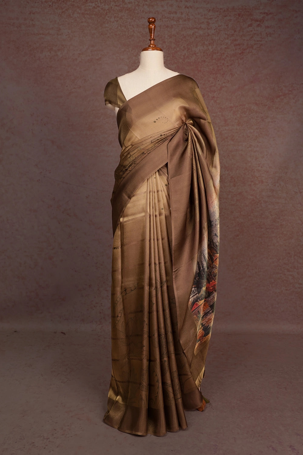 Gold Soft Tissue Printed Saree With Plain Border - Seematti