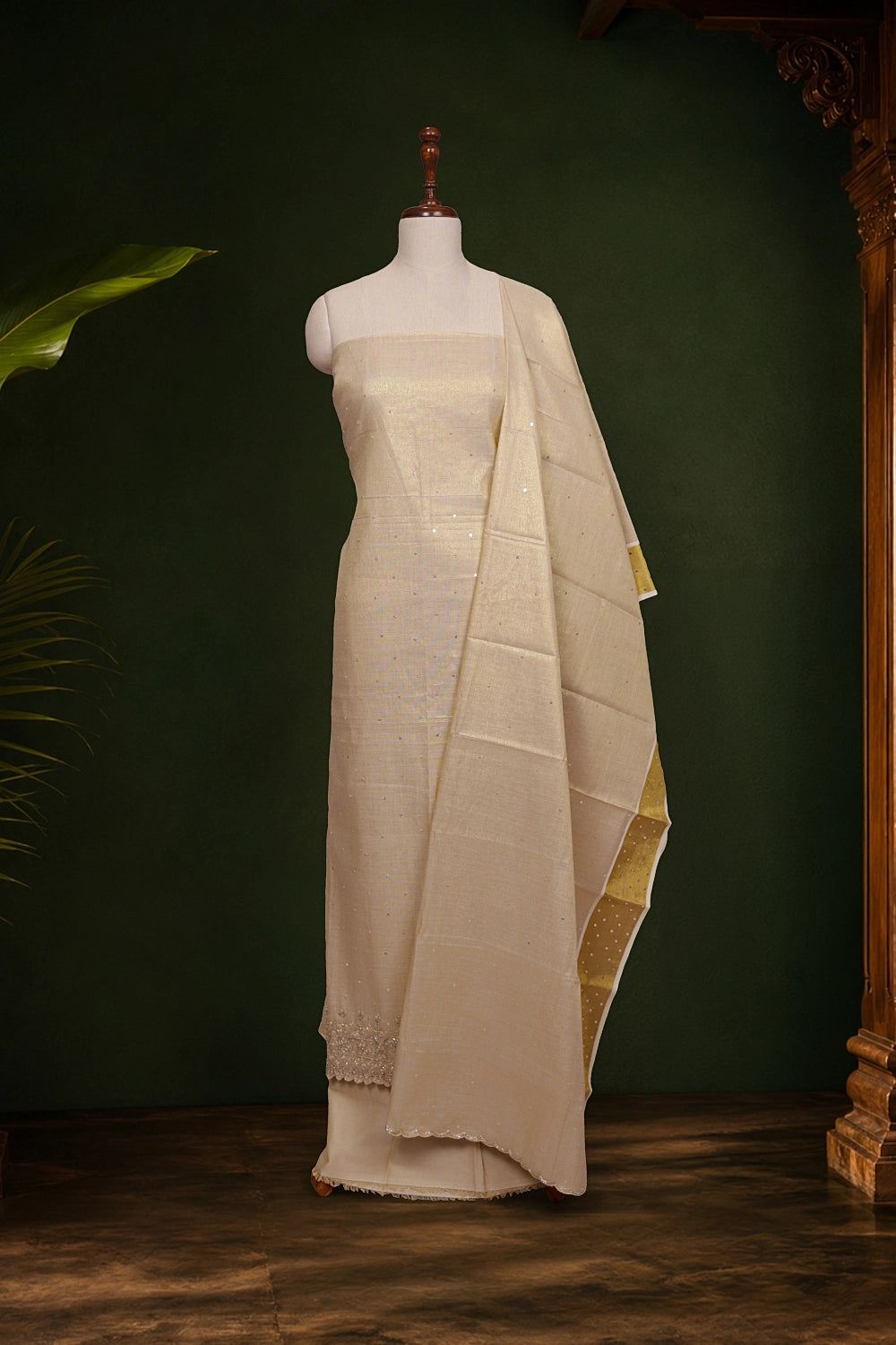 Golden Semi Tissue Beads And Sequins Work Unstitched Churidhar Material