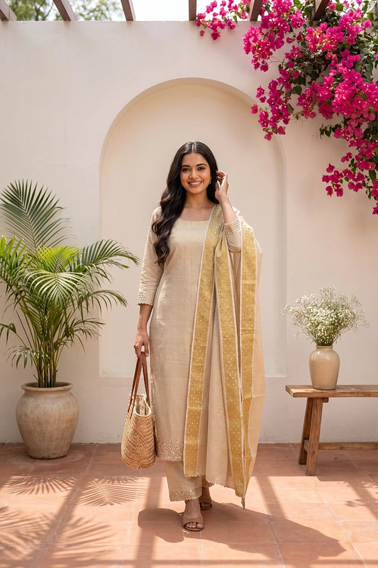 Golden Semi Tissue Beads And Sequins Work Unstitched Churidhar Material