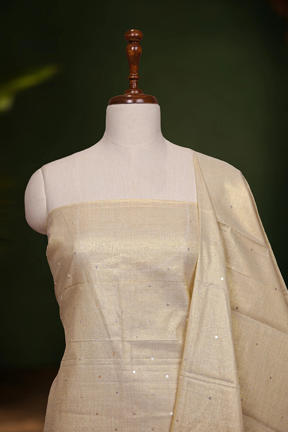Golden Semi Tissue Beads And Sequins Work Unstitched Churidhar Material