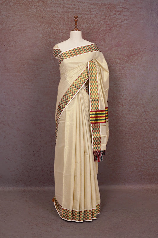 Golden Semi Tissue Kerala Saree - Seematti