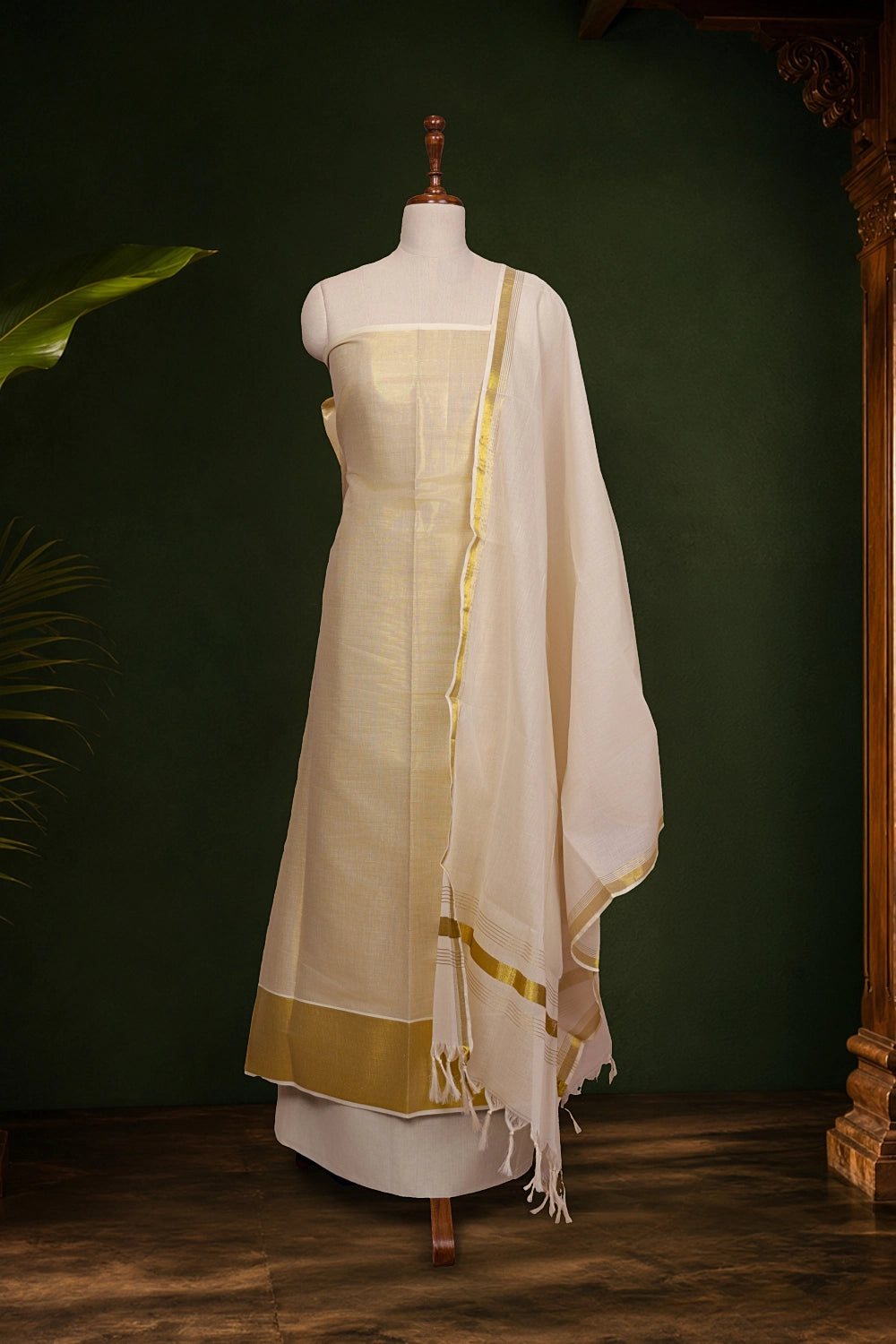 Golden Semi Tissue Unstitched Churidhar Material - Seematti
