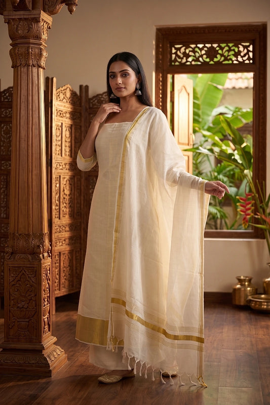 Golden Semi Tissue Unstitched Churidhar Material