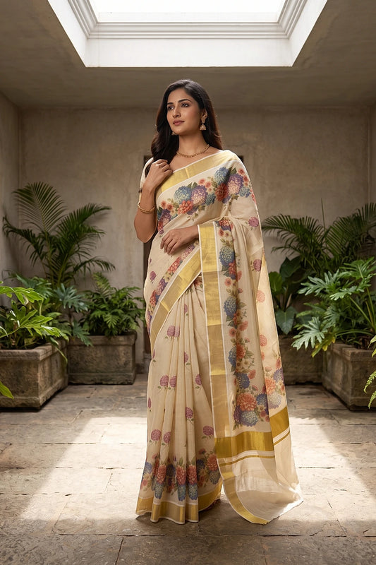 Golden Tissue Floral Printed Kerala Saree With Golden Border - Seematti