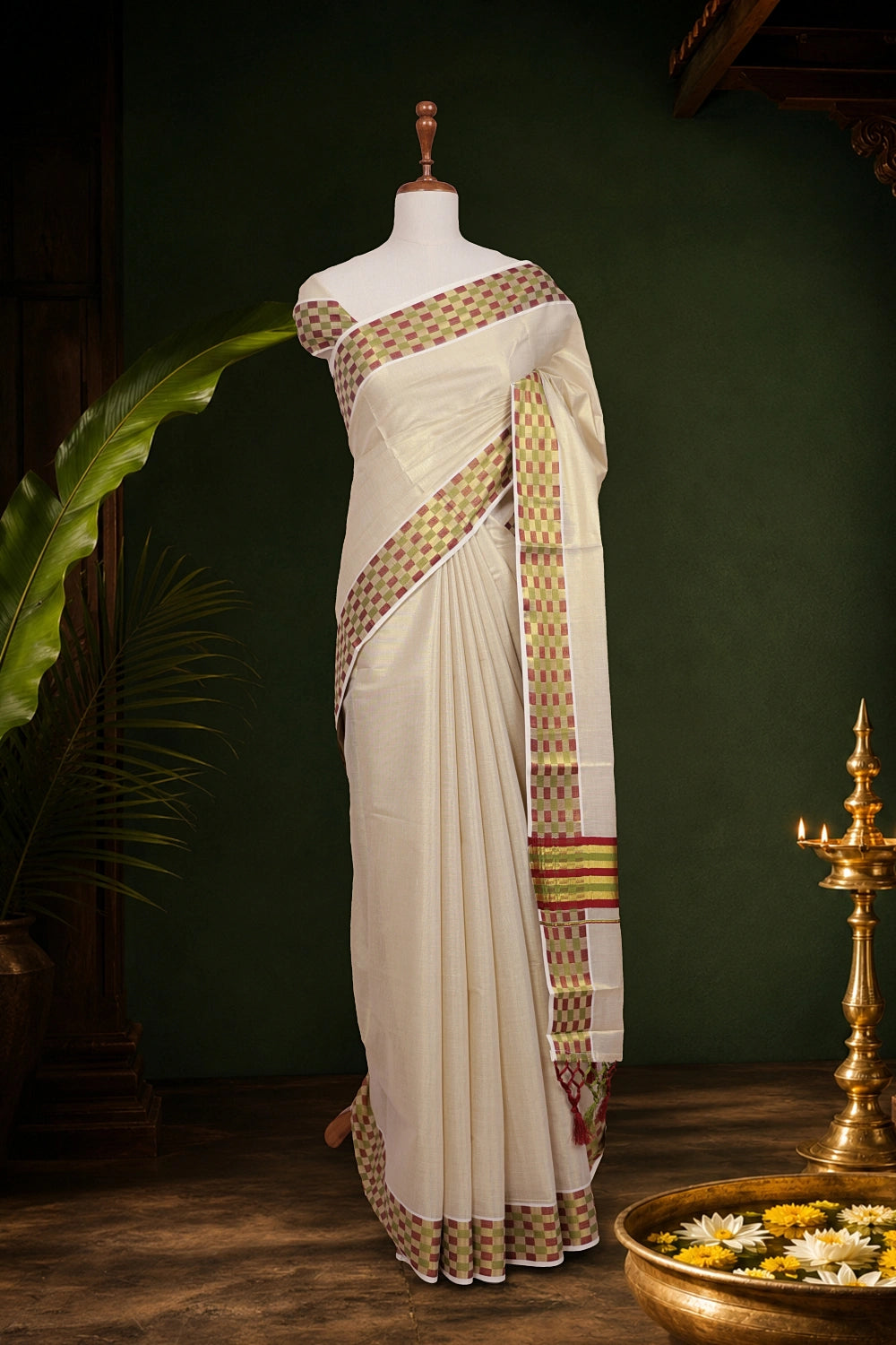 Golden Tissue Plain Kerala Sraee With Check Border - Seematti
