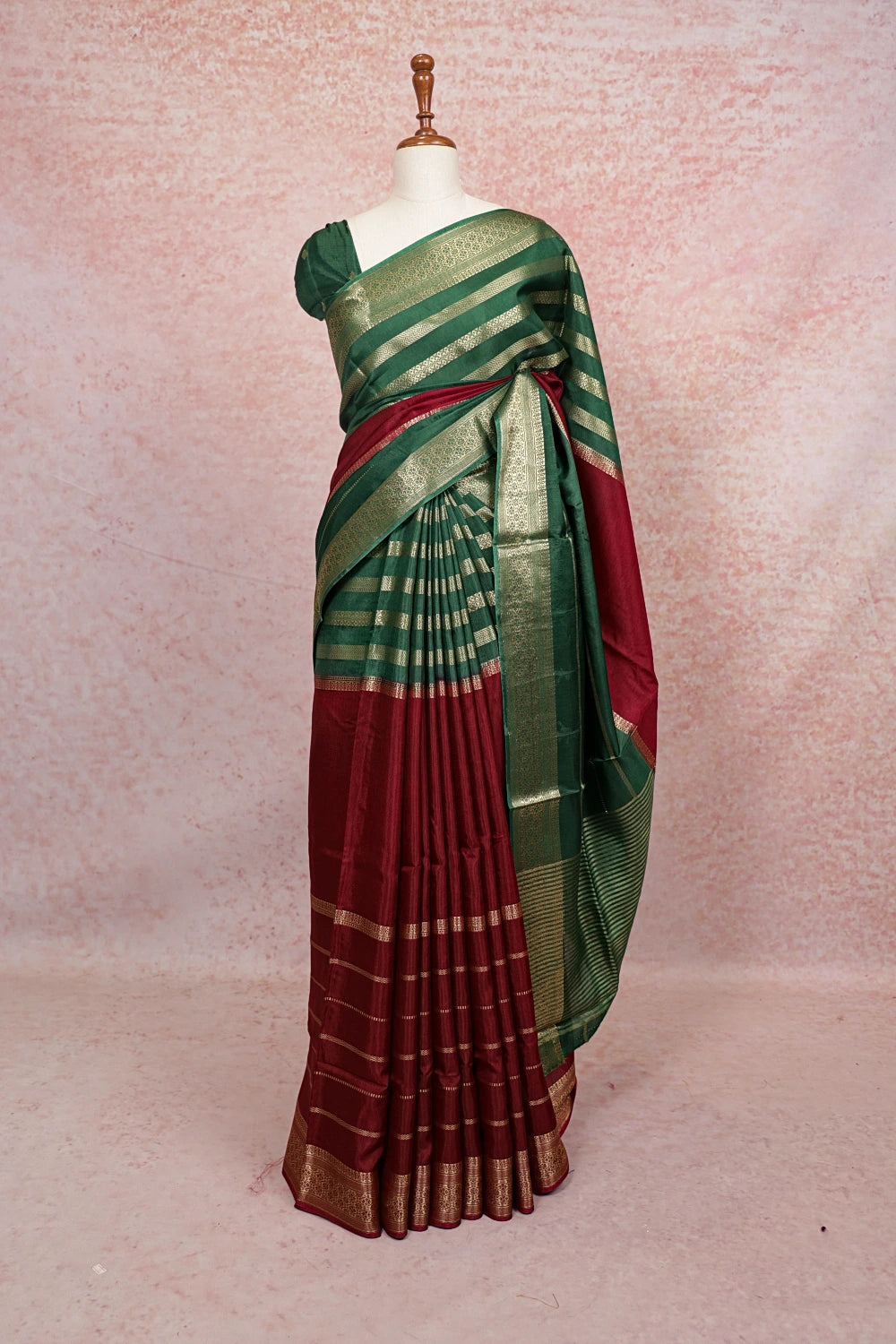 Green And Maroon Semi Silk Lines Saree With Designer Border - Seematti