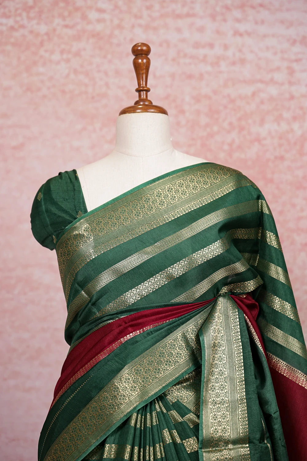 Green And Maroon Semi Silk Lines Saree With Designer Border - Seematti