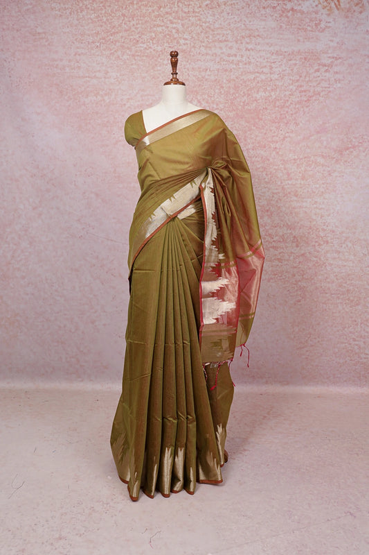 Green Cotton Silk Saree - Seematti