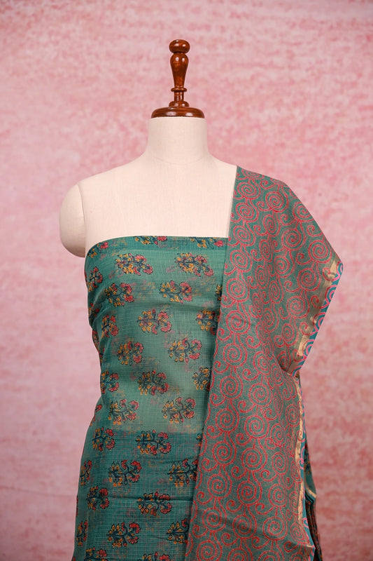 Green Net Kota Printed Unstitched Churidhar Material