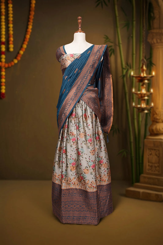 Grey And Teal Blue Synthetic Silk Dhavani Set - Seematti