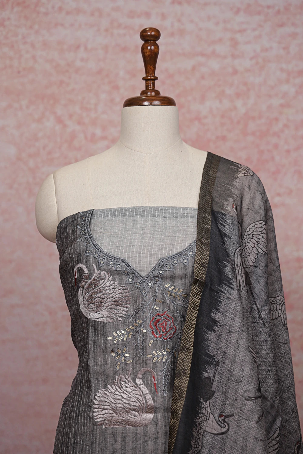 Grey Chanderi Silk  Embroidery Unstitched Churidhar Material