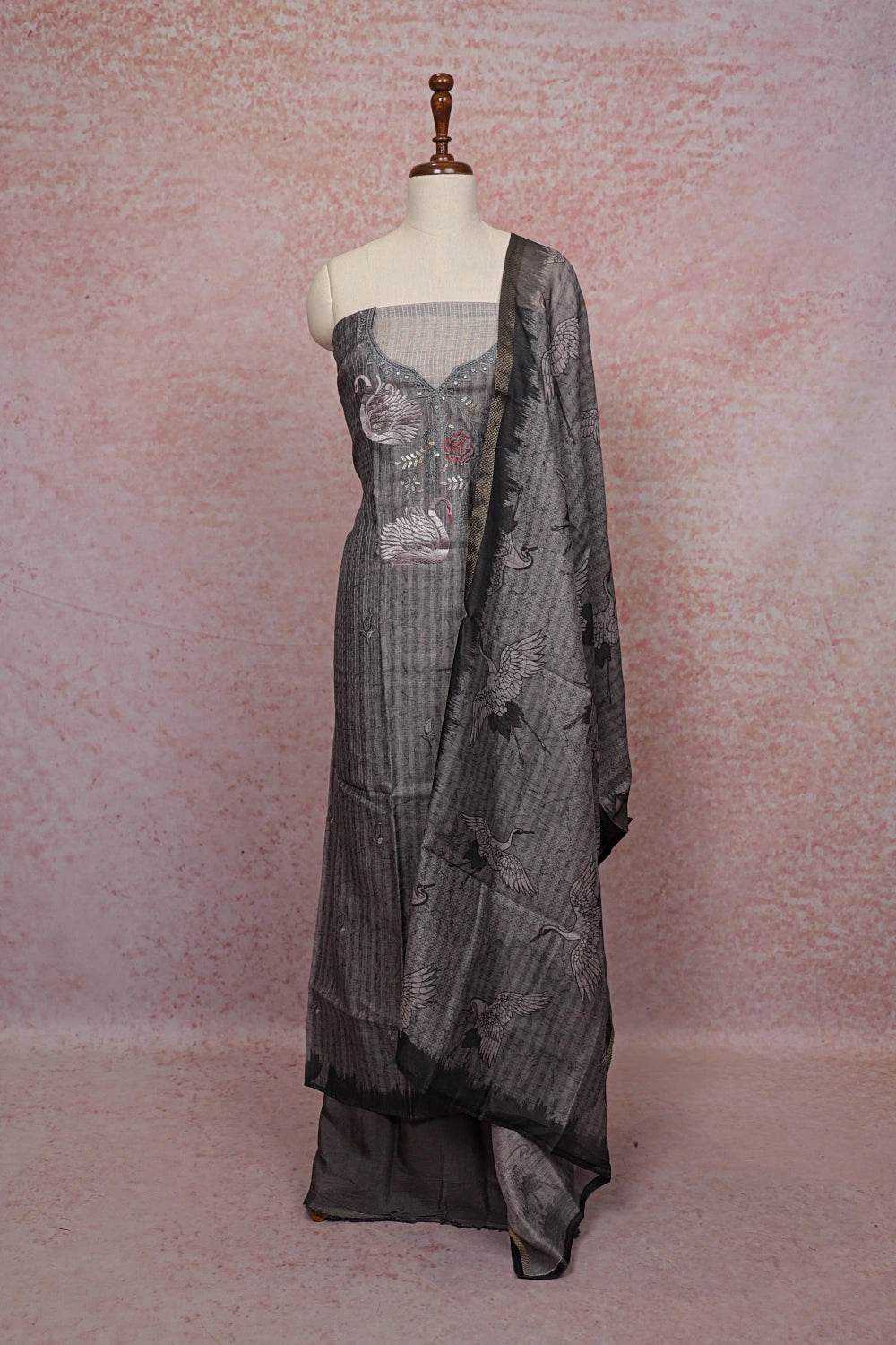 Grey Chanderi Silk  Embroidery Unstitched Churidhar Material