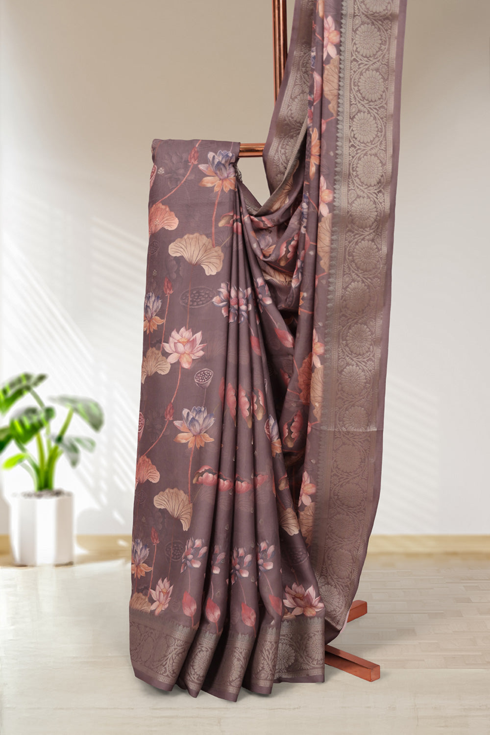 Grey Semi Crepe Saree