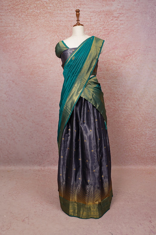 Grey With Sapphire Green Semi TissueDhavani Set - Seematti