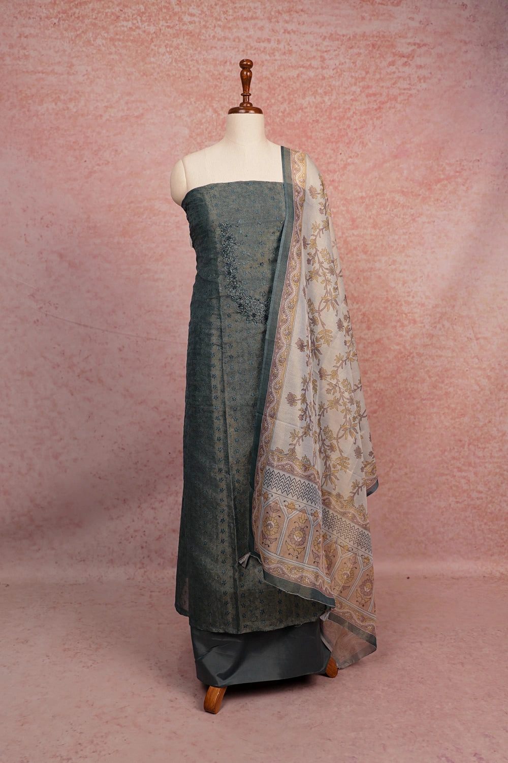Greyish Blue Tissue Beads Work Unstitched Churidhar Material
