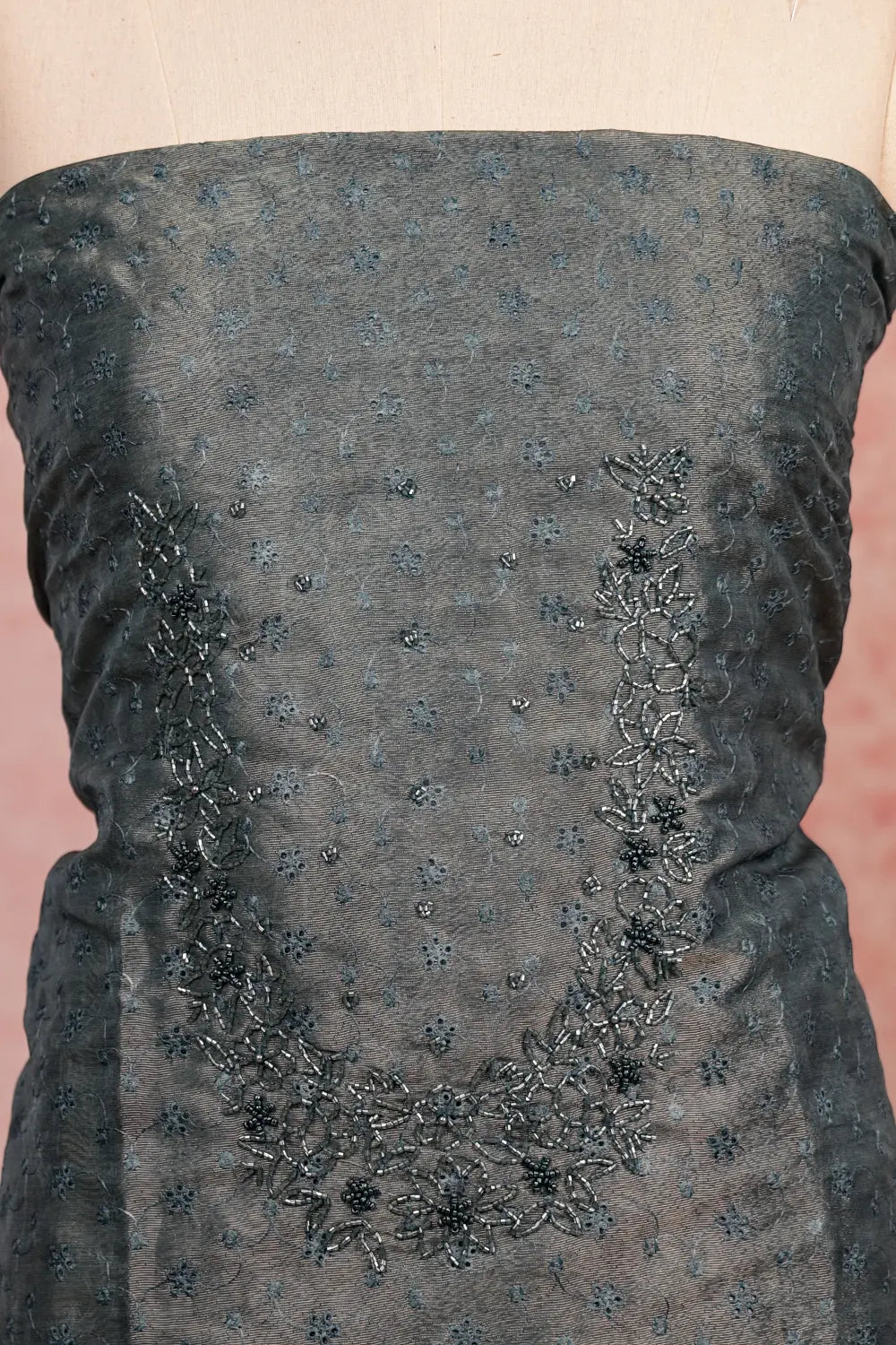 Greyish Blue Tissue Beads Work Unstitched Churidhar Material