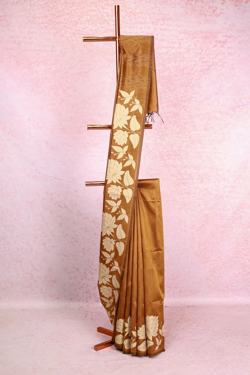Honey Colour Semi Jute Applic Work Saree Without Border - Seematti