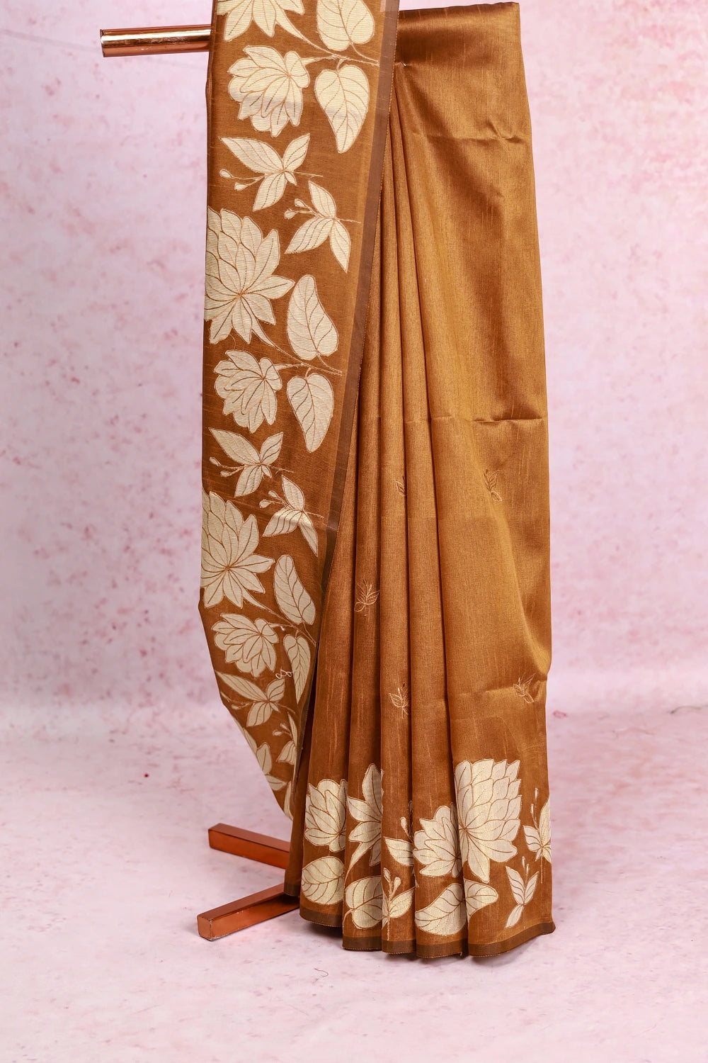 Honey Colour Semi Jute Applic Work Saree Without Border - Seematti