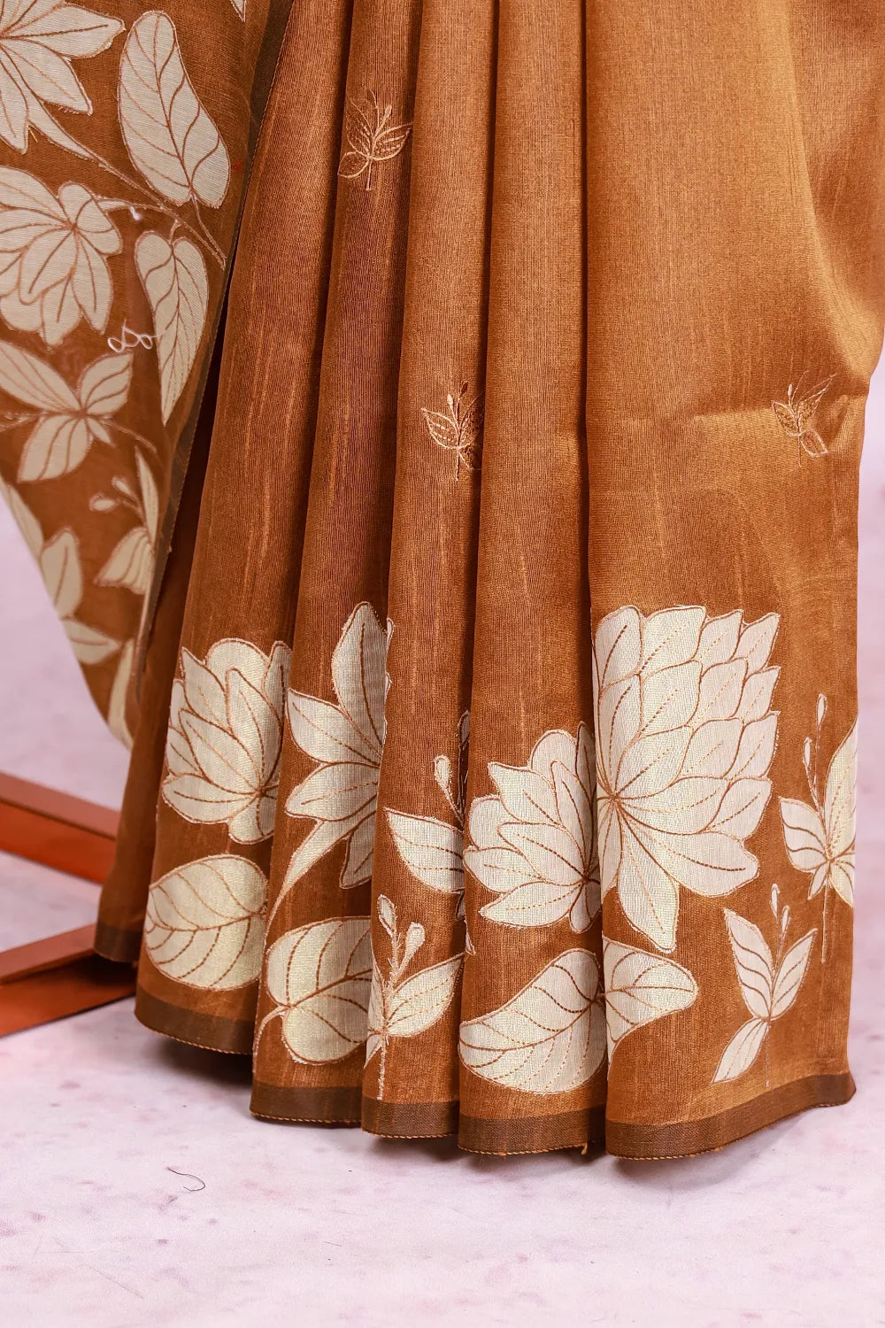 Honey Colour Semi Jute Applic Work Saree Without Border - Seematti