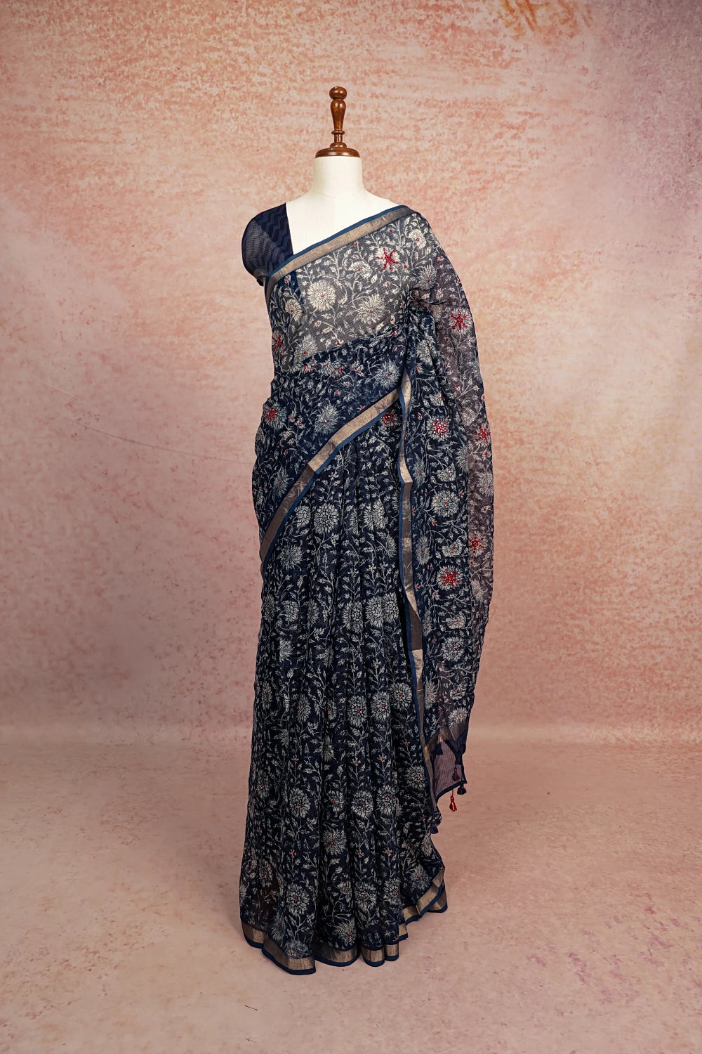 Indigo Blue Net Kota Printed With Mirror Work Saree With Small Border - Seematti