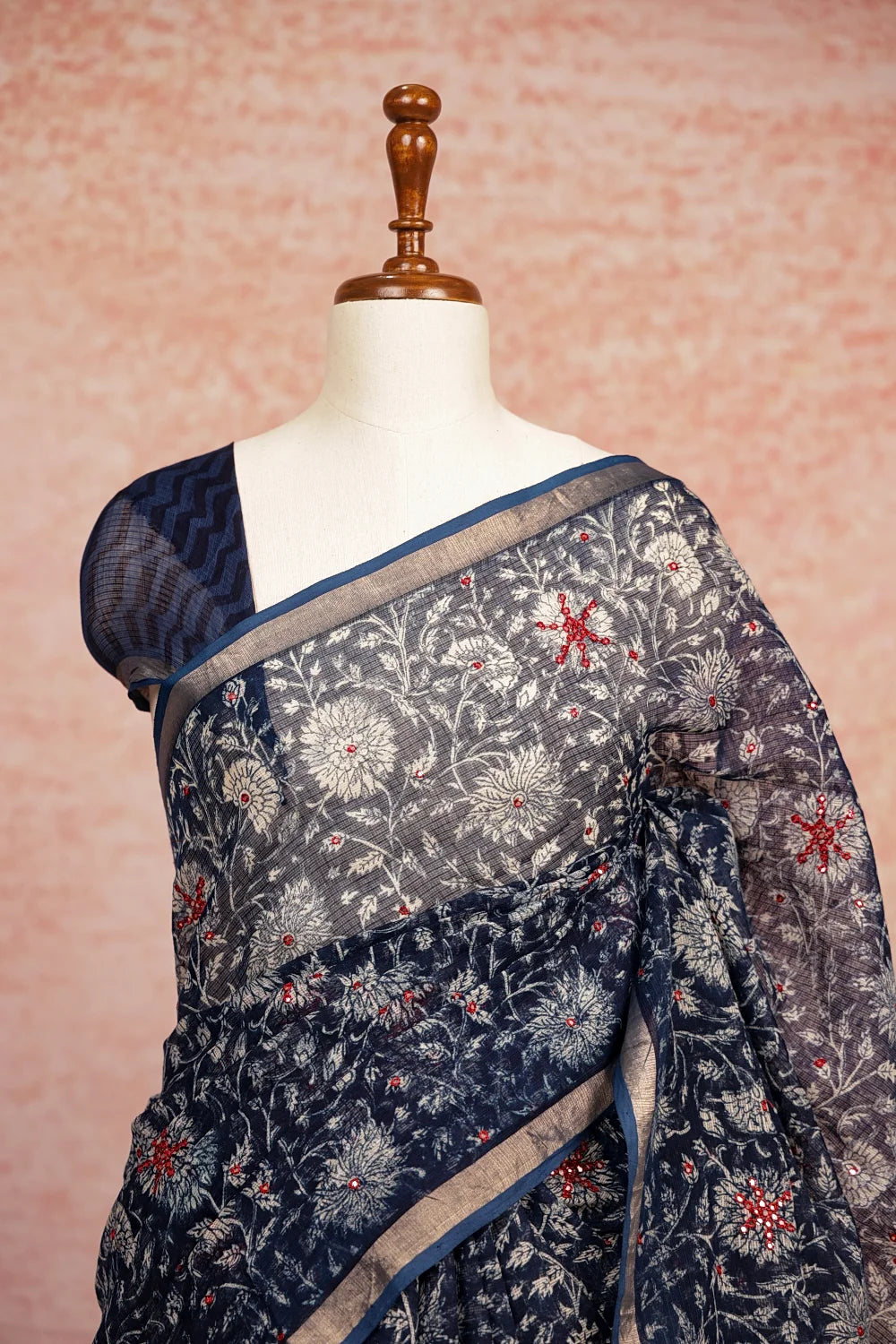 Indigo Blue Net Kota Printed With Mirror Work Saree With Small Border - Seematti