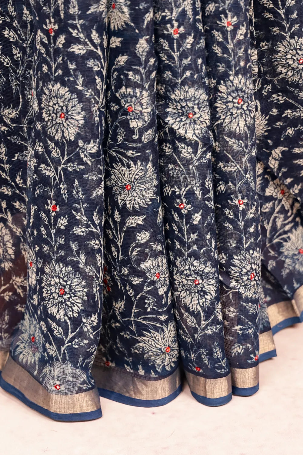 Indigo Blue Net Kota Printed With Mirror Work Saree With Small Border - Seematti