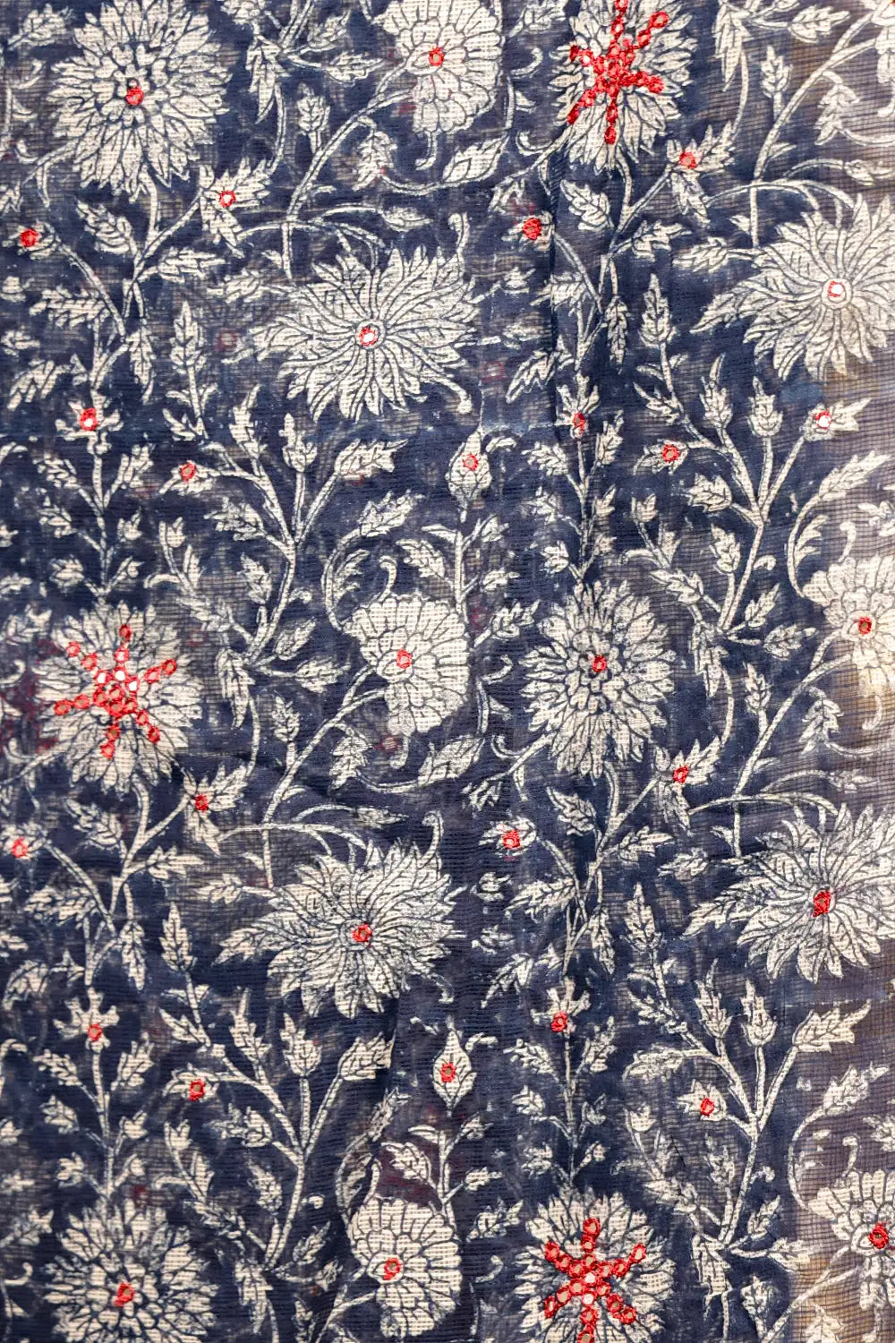 Indigo Blue Net Kota Printed With Mirror Work Saree With Small Border - Seematti