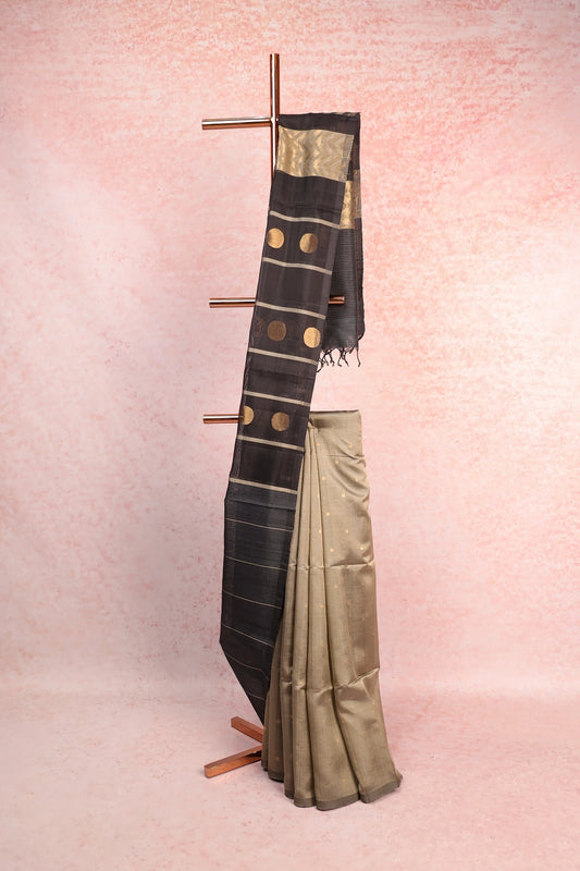 Kakhi Color Kora Silk Butta Saree With Without Border - Seematti