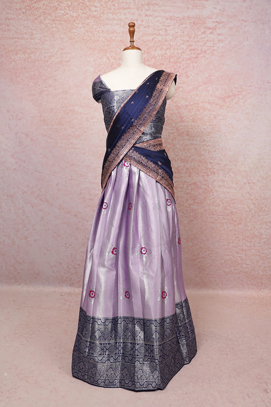 Lavender And Navy Blue Semi Chanderi Dhavani Set - Seematti