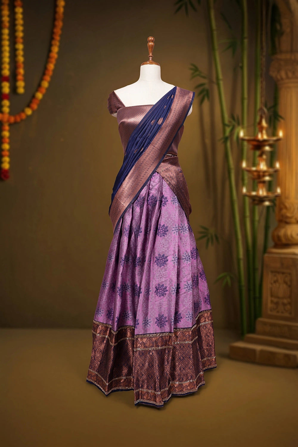 Lavender And Navy Blue Synthetic Brocade Dhavani Set - Seematti