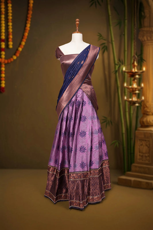 Lavender And Navy Blue Synthetic Brocade Dhavani Set - Seematti