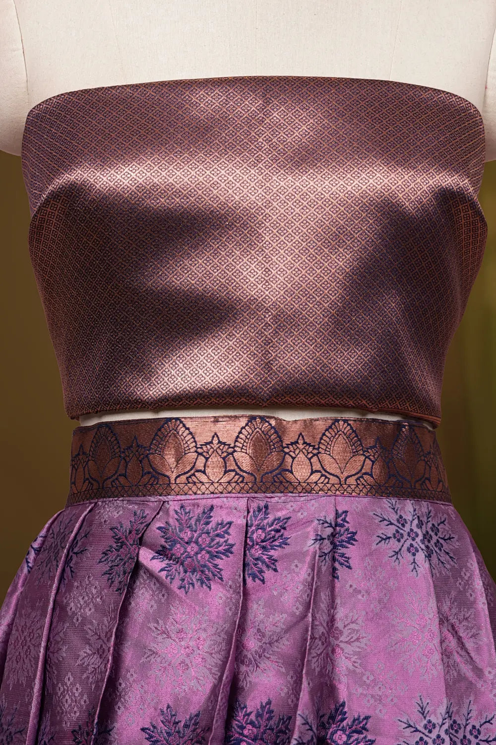 Lavender And Navy Blue Synthetic Brocade Dhavani Set - Seematti